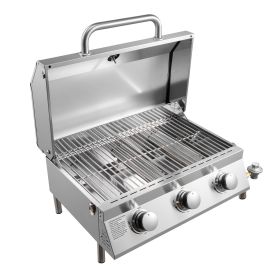 Tabletop Gas Grill, 3-Burner Stainless Steel Portable Propane Grill, with Built-in Thermometer, Travel Locks, Weatherproof Lid, 22, 500 BTU Total