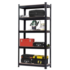 5-Tier Black Metal Storage Rack with MDF Boards, 150x70x30cm Heavy Duty Powder-Coated Steel Shelving Unit for Home, Kitchen, Garage