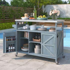 K&K Outdoor Kitchen Island, Rolling Bar Cart & Storage Cabinet, Farmhouse Solid Wood Outdoor Grill Table with Stainless Steel Top, Spice Rack (Color: as Pic)