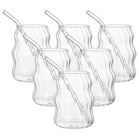 6 Pcs 19 Ounce Glass Straw Cup, Coffee Cup, Milk Cup, Juice Cup, Cold Drink Cup, Tea Cup, Water Cup, Office Cup, Striped Cloud Cup (Option: 6pcs)